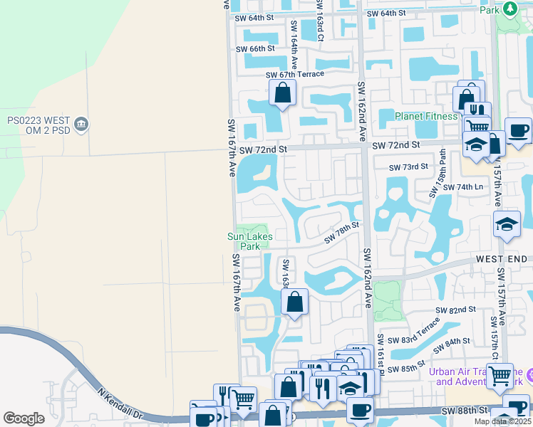 map of restaurants, bars, coffee shops, grocery stores, and more near 16445 Southwest 76th Street in Miami