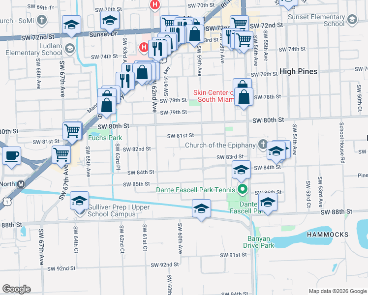 map of restaurants, bars, coffee shops, grocery stores, and more near 5980 Southwest 82nd Street in Miami