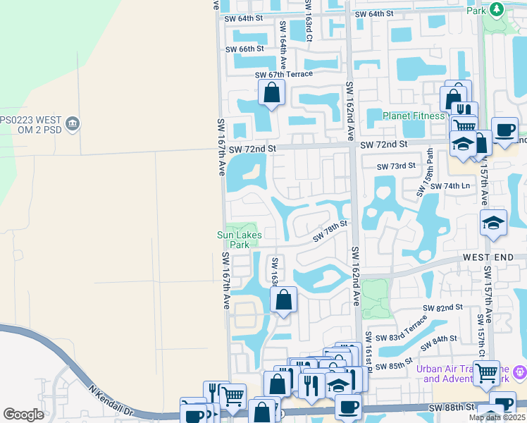 map of restaurants, bars, coffee shops, grocery stores, and more near 16445 Southwest 76th Street in Miami
