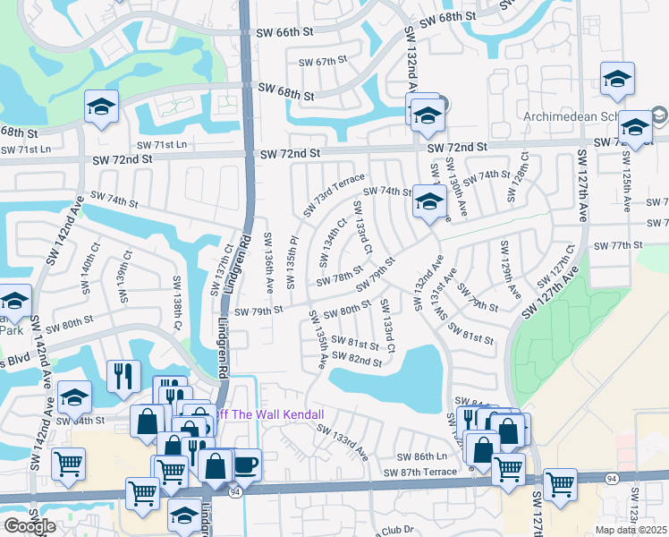 map of restaurants, bars, coffee shops, grocery stores, and more near 7770 SW 134th Ave in Miami