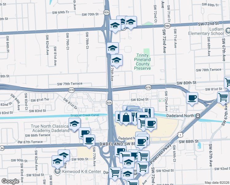 map of restaurants, bars, coffee shops, grocery stores, and more near 8195 Southwest 76th Avenue in Miami