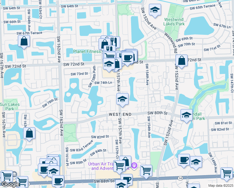 map of restaurants, bars, coffee shops, grocery stores, and more near 15705 Southwest 76th Terrace in Miami