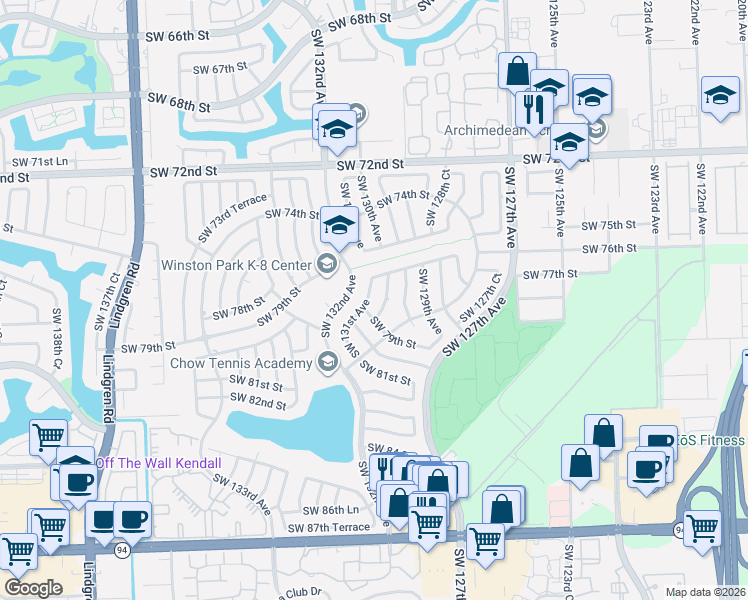 map of restaurants, bars, coffee shops, grocery stores, and more near in Kendall