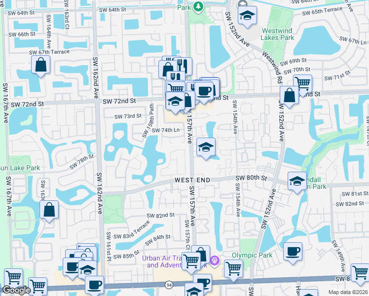 map of restaurants, bars, coffee shops, grocery stores, and more near Southwest 157th Avenue in Miami
