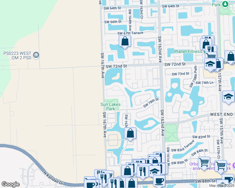 map of restaurants, bars, coffee shops, grocery stores, and more near 16445 Southwest 76th Street in Miami