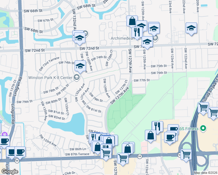 map of restaurants, bars, coffee shops, grocery stores, and more near 7732 Southwest 128th Place in Miami