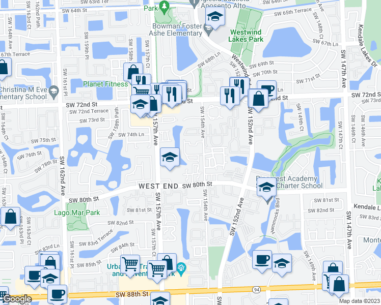 map of restaurants, bars, coffee shops, grocery stores, and more near 15411 Southwest 77th Circle Lane in Miami