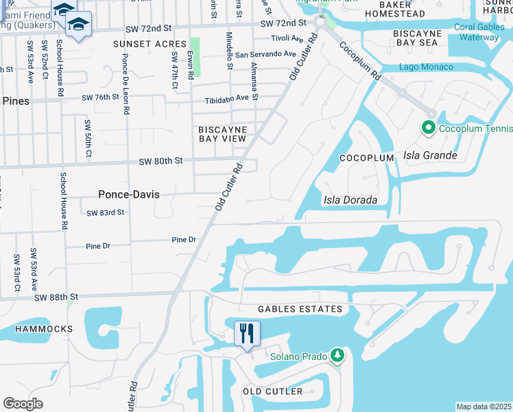 map of restaurants, bars, coffee shops, grocery stores, and more near 8271 La Rampa Street in Coral Gables