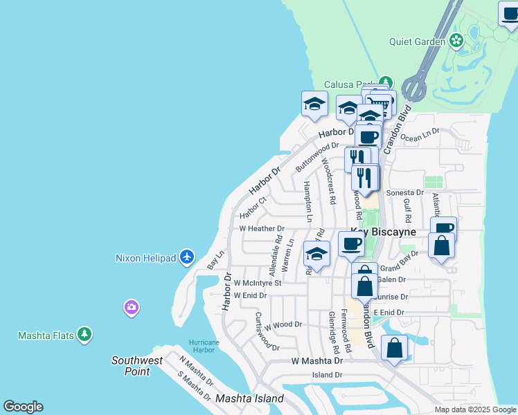 map of restaurants, bars, coffee shops, grocery stores, and more near 345 Harbor Court in Key Biscayne