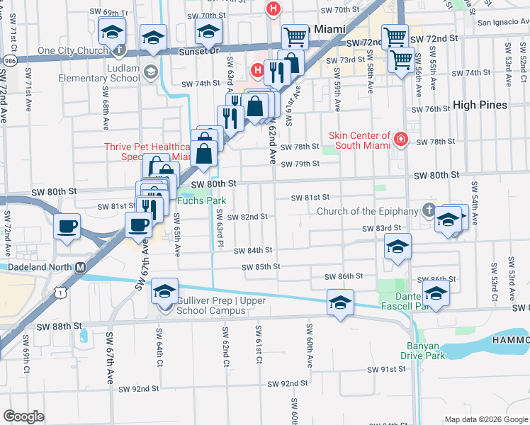 map of restaurants, bars, coffee shops, grocery stores, and more near 8141 Southwest 62nd Court in South Miami