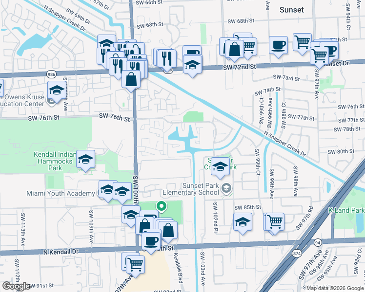 map of restaurants, bars, coffee shops, grocery stores, and more near 10468 Southwest 78th Street in Miami