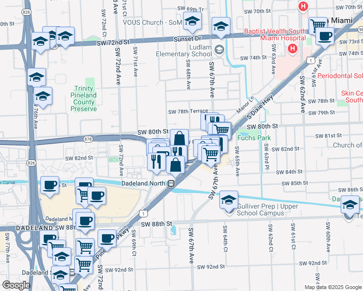 map of restaurants, bars, coffee shops, grocery stores, and more near 6834 Southwest 81st Street in Miami