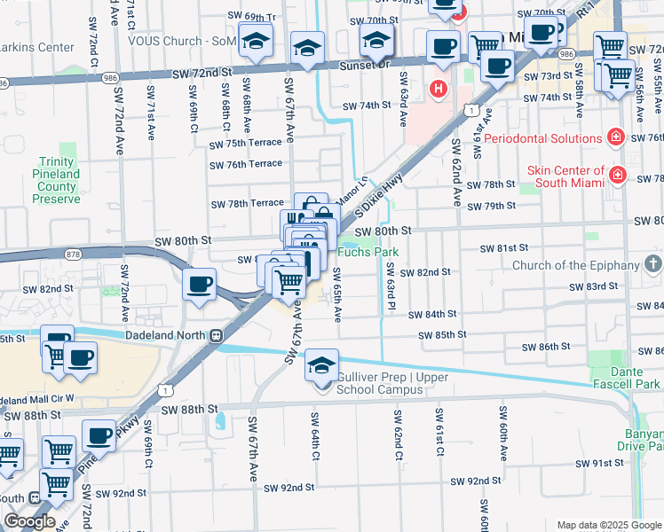 map of restaurants, bars, coffee shops, grocery stores, and more near 8099 South Dixie Highway in Miami