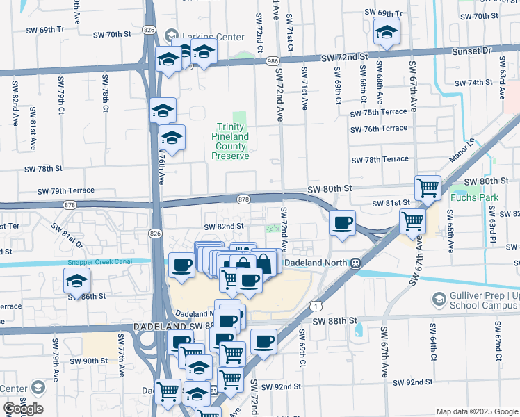 map of restaurants, bars, coffee shops, grocery stores, and more near 8046 Southwest 73rd Avenue in Miami