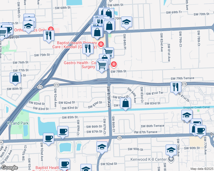 map of restaurants, bars, coffee shops, grocery stores, and more near 8701 Southwest 80th Street in Miami