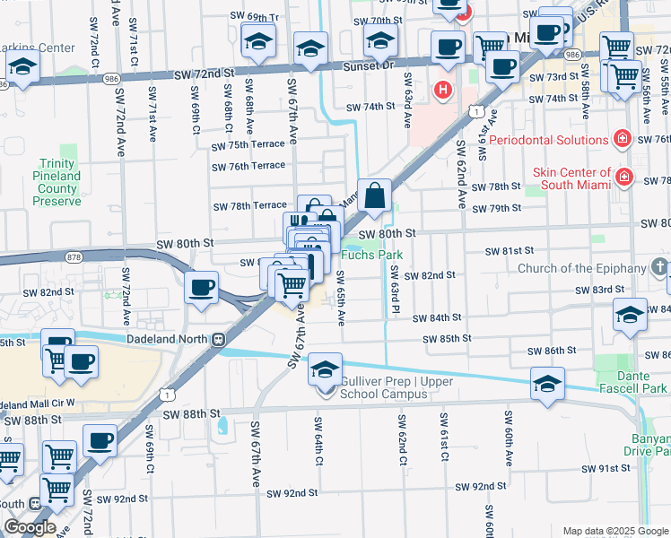 map of restaurants, bars, coffee shops, grocery stores, and more near 8204 Southwest 65th Avenue in Miami