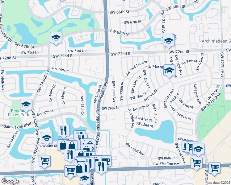map of restaurants, bars, coffee shops, grocery stores, and more near 7631 Southwest 136th Avenue in Miami