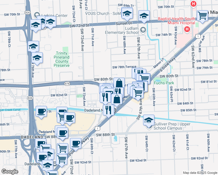 map of restaurants, bars, coffee shops, grocery stores, and more near 8105 Southwest 70th Avenue in Miami
