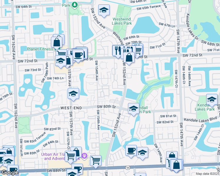 map of restaurants, bars, coffee shops, grocery stores, and more near 7611 Southwest 153rd Court in Miami