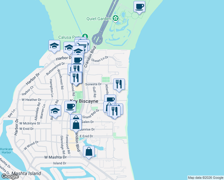 map of restaurants, bars, coffee shops, grocery stores, and more near 103 Reef Lane in Key Biscayne