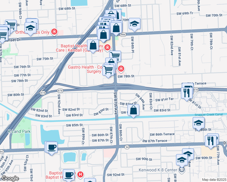 map of restaurants, bars, coffee shops, grocery stores, and more near 8701 Southwest 80th Street in Miami