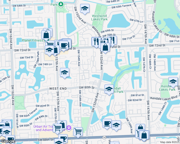 map of restaurants, bars, coffee shops, grocery stores, and more near 7611 Southwest 153rd Court in Miami