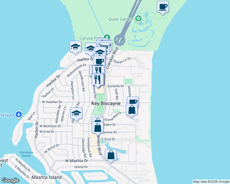 map of restaurants, bars, coffee shops, grocery stores, and more near 330 Gulf Road in Key Biscayne