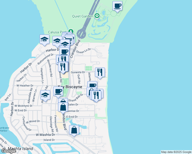 map of restaurants, bars, coffee shops, grocery stores, and more near 103 Reef Lane in Key Biscayne