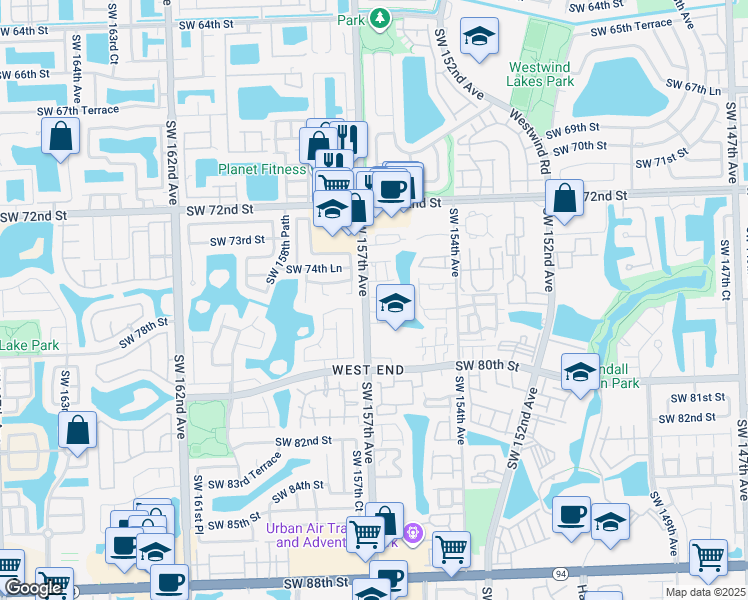 map of restaurants, bars, coffee shops, grocery stores, and more near 15705 Southwest 76th Terrace in Miami