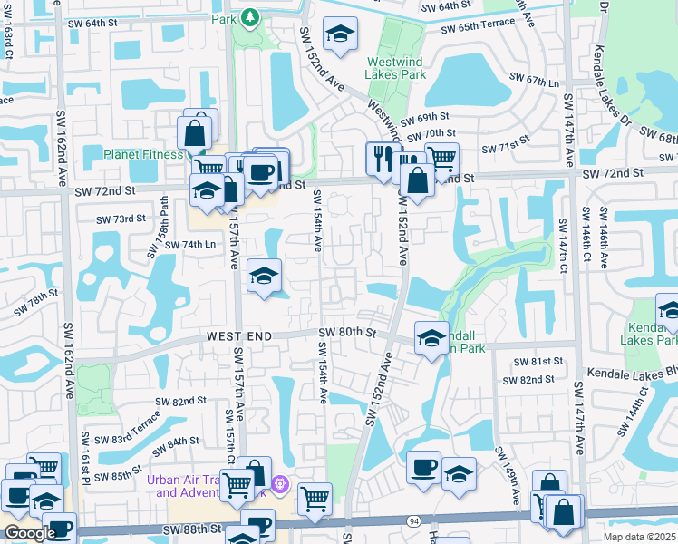 map of restaurants, bars, coffee shops, grocery stores, and more near 103 Southwest 153rd Court in Miami