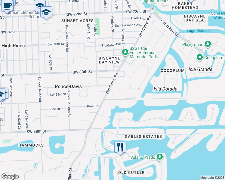 map of restaurants, bars, coffee shops, grocery stores, and more near 8251 Old Cutler Road in Coral Gables