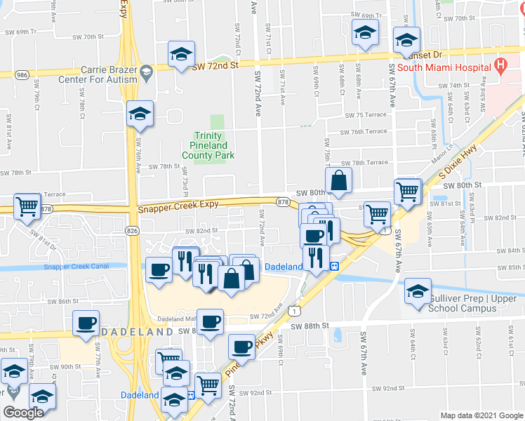 map of restaurants, bars, coffee shops, grocery stores, and more near in Glenvar Heights