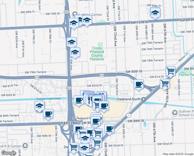 map of restaurants, bars, coffee shops, grocery stores, and more near 7368 Southwest 80th Street Plaza in Miami