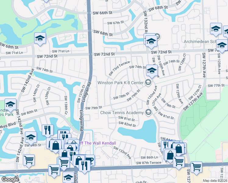 map of restaurants, bars, coffee shops, grocery stores, and more near 7770 Southwest 134th Avenue in Miami