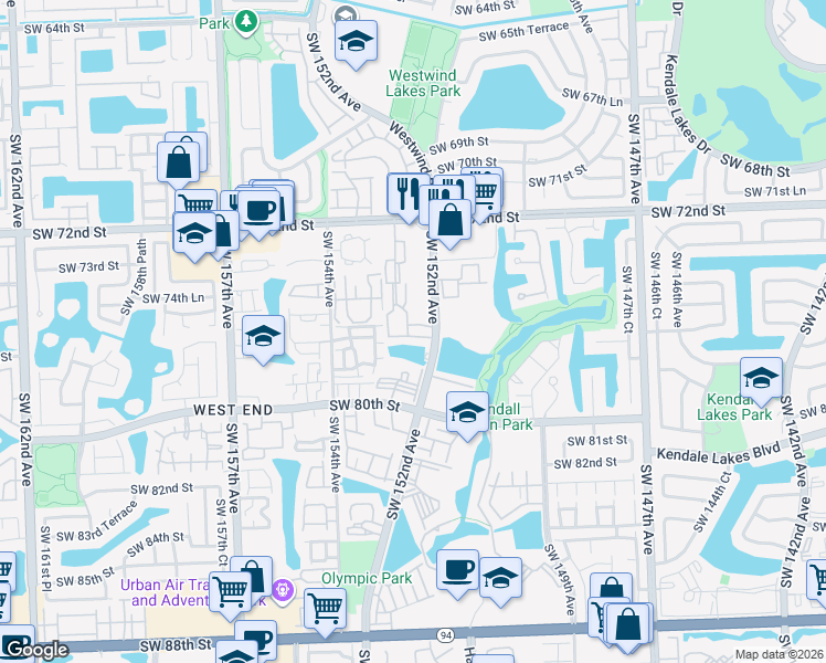 map of restaurants, bars, coffee shops, grocery stores, and more near 7670 Southwest 152nd Avenue in Miami