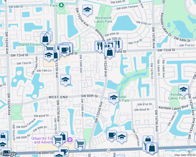 map of restaurants, bars, coffee shops, grocery stores, and more near 7611 Southwest 153rd Court in Miami