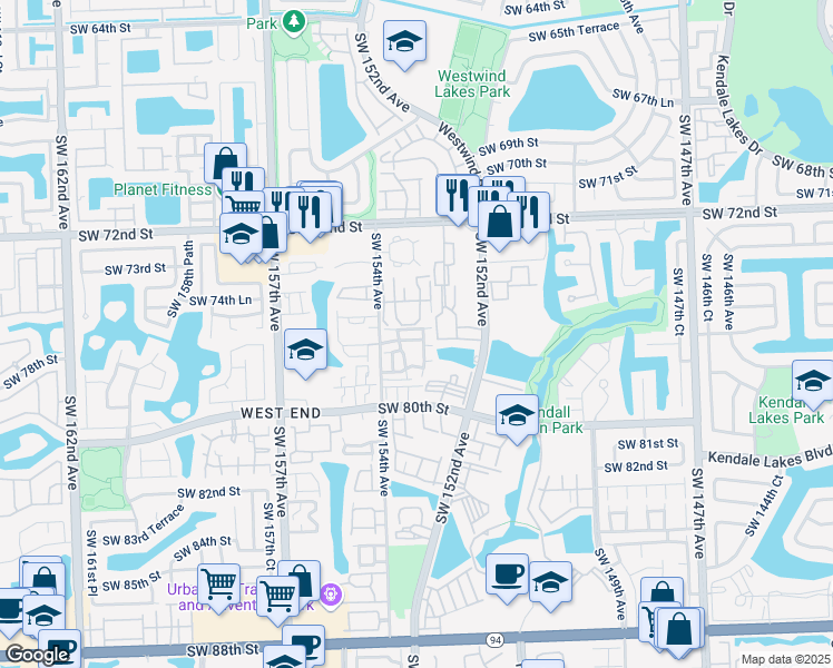 map of restaurants, bars, coffee shops, grocery stores, and more near 7611 Southwest 153rd Court in Miami