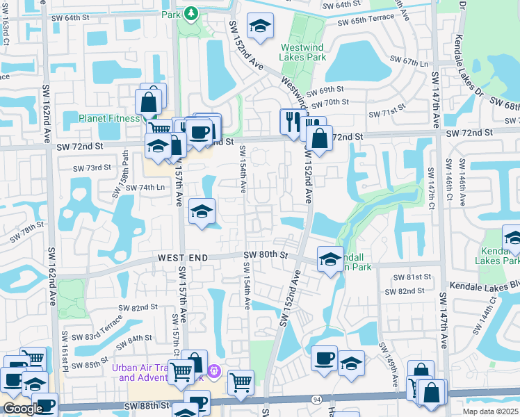 map of restaurants, bars, coffee shops, grocery stores, and more near 103 Southwest 153rd Court in Miami