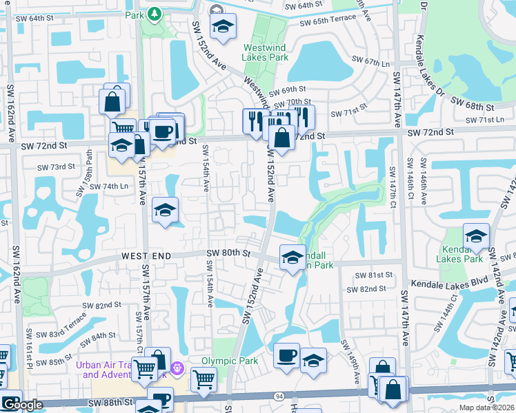 map of restaurants, bars, coffee shops, grocery stores, and more near 7670 Southwest 152nd Avenue in Miami