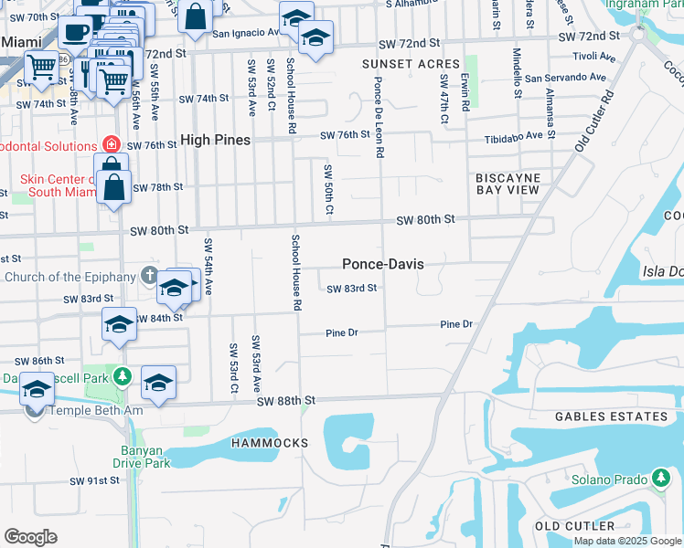 map of restaurants, bars, coffee shops, grocery stores, and more near 5055 Southwest 83rd Street in Miami