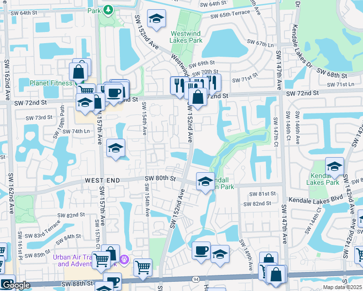 map of restaurants, bars, coffee shops, grocery stores, and more near 7666 Southwest 152nd Avenue in Miami