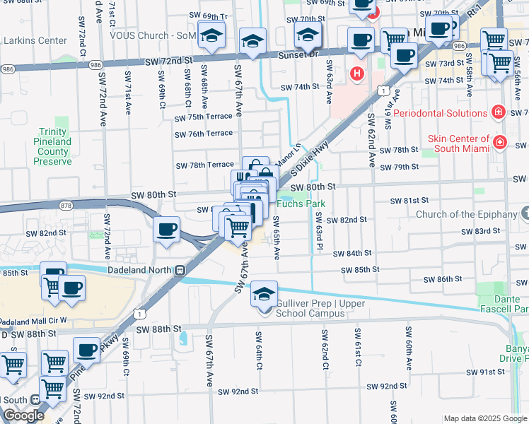 map of restaurants, bars, coffee shops, grocery stores, and more near 8099 South Dixie Highway in Miami