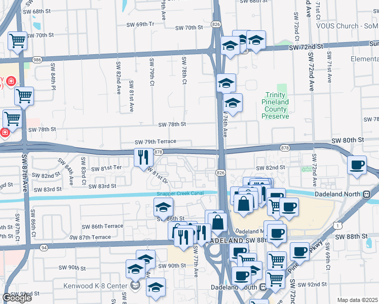 map of restaurants, bars, coffee shops, grocery stores, and more near Snapper Creek Expy in Miami