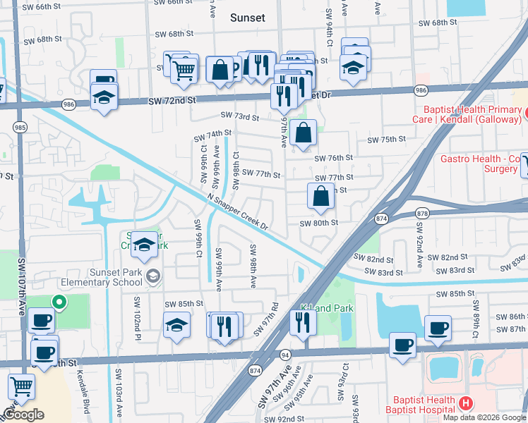 map of restaurants, bars, coffee shops, grocery stores, and more near 7910 Southwest 97th Place in Miami