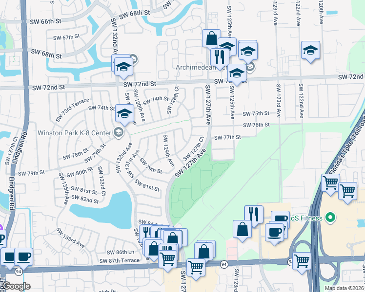 map of restaurants, bars, coffee shops, grocery stores, and more near 7732 Southwest 128th Place in Miami