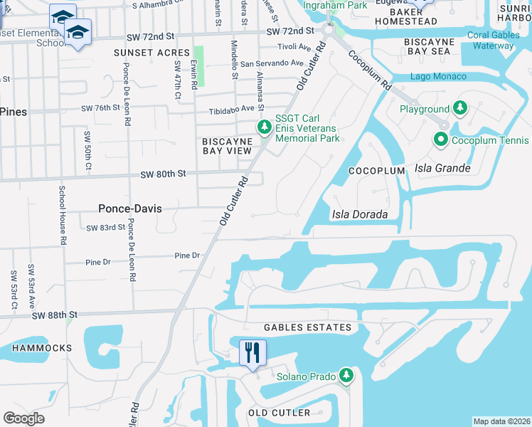 map of restaurants, bars, coffee shops, grocery stores, and more near 8271 La Rampa Street in Coral Gables