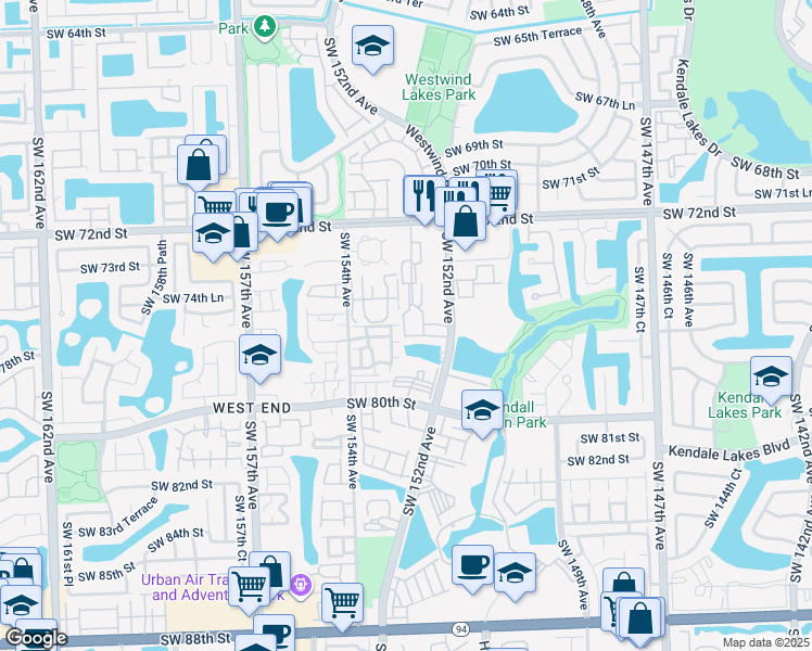 map of restaurants, bars, coffee shops, grocery stores, and more near 7611 Southwest 153rd Court in Miami