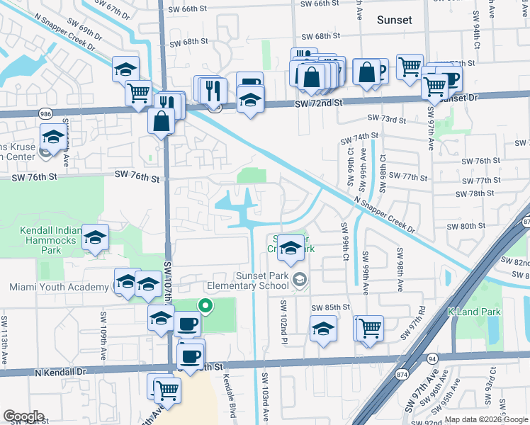 map of restaurants, bars, coffee shops, grocery stores, and more near 7920 Southwest 102nd Place in Miami