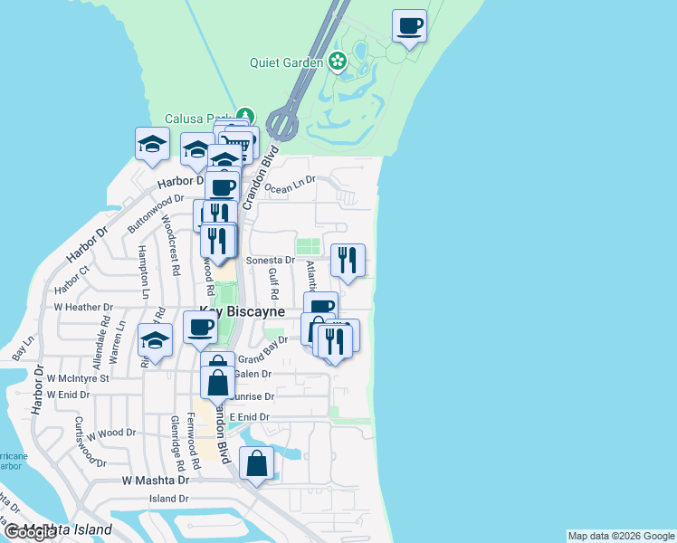 map of restaurants, bars, coffee shops, grocery stores, and more near 103 Reef Lane in Key Biscayne
