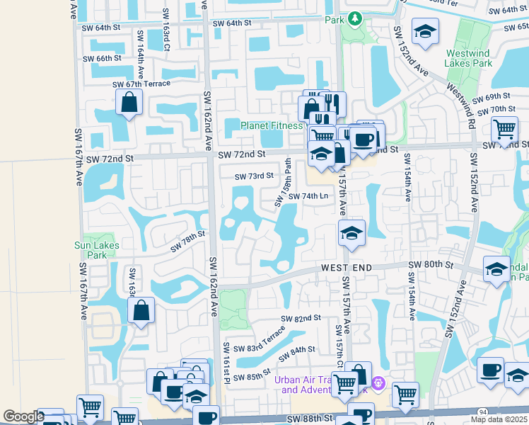 map of restaurants, bars, coffee shops, grocery stores, and more near 7668 Southwest 160th Avenue in Miami
